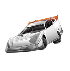 Outline and painted racing car. Isolated in black background, for t-shirt design, print, and for business purposes.