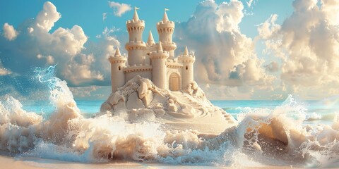 Sea waves destroying a large sandcastle on the beach