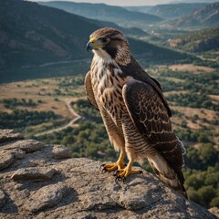 A regal falcon perched on a rocky outcrop overlooking a valley.
