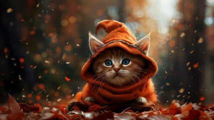 A cute kitten in a cozy orange hoodie, surrounded by autumn leaves. The kitten's blue eyes and the warm, colorful background create a charming and seasonal atmosphere.