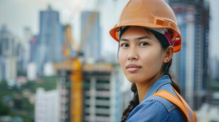 Portrait of a young construction worker woman with a safety helmet, city buildings under construction in the background, on a white backdrop, role of women in construction and urban development