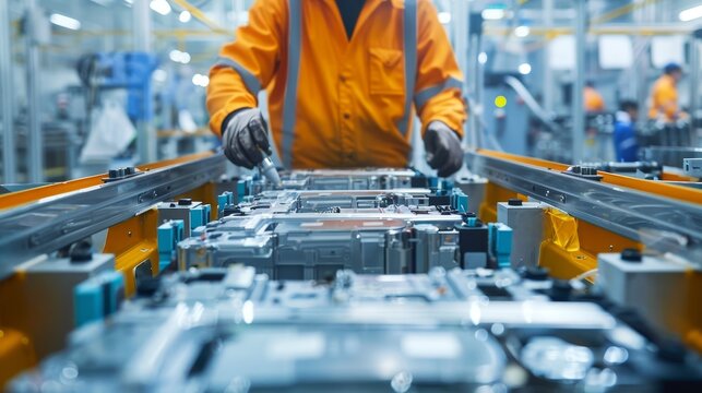 A dedicated Chinese engineer meticulously assembling EV car battery cells in an electric vehicle factory, driving innovation forward