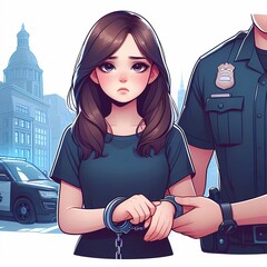 A female criminal is arrested and handcuffed by a policeman officer. A woman is escorted by a law enforcement officer to a courthouse illustration