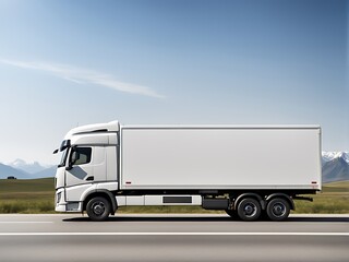  A white cargo truck design with a white blank empty trailer for an ad on a highway road in Europe design. 