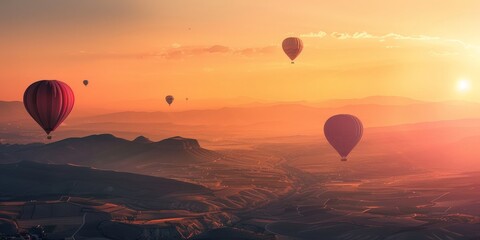 Obraz premium Hot air balloons floating over the mountains at sunset