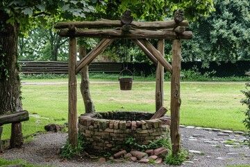 A traditional well with an iron bucket hanging from the wooden frame, set in front of a grassy field and surrounded by cobblestone paths