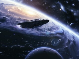 Obraz premium Mockup showing a spaceship approaching a distant galaxy, with stars and planets in view