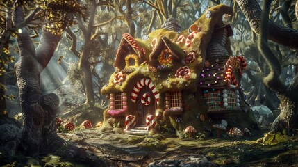 Fototapeta premium House made of giant sweets and chocolates in the magical and enchanted forest in the fantasy world