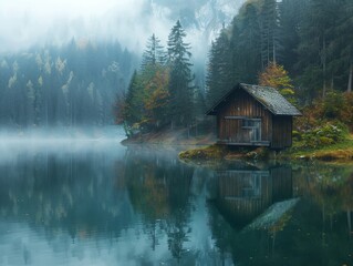 Fototapeta premium morning view of little old hut near lake with reflection, fog, rule of third, copyspace area - ai