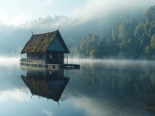 Fototapeta premium morning view of little old hut near lake with reflection, fog, rule of third, copyspace area - ai