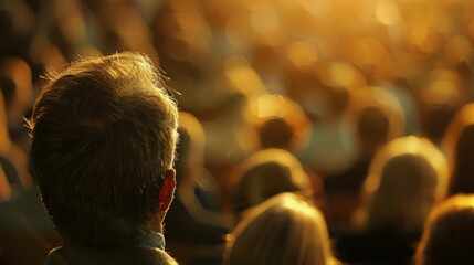 Faint figures of a speaker and a defocused audience at an enlightening public lecture.