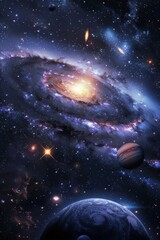 Photo of a distant galaxy with bright stars and planets, creating a mesmerizing space scene