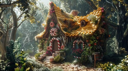 Fototapeta premium House made of giant sweets and chocolates in the magical and enchanted forest in the fantasy world