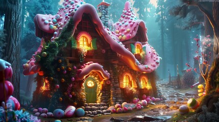Obraz premium House made of giant sweets and chocolates in the magical and enchanted forest in the fantasy world