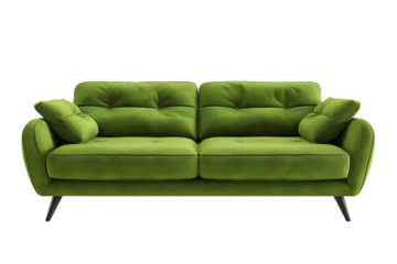A stylish, mid-century modern green velvet sofa with tufted cushions and tapered wooden legs