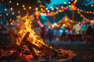 Festa Junina bonfire close up view with blurred background, Festa Junina outdoors with decoration and lights