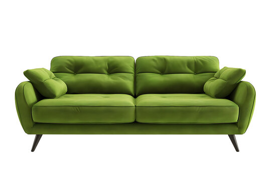 A stylish, mid-century modern green velvet sofa with tufted cushions and tapered wooden legs