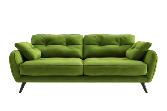 A stylish, mid-century modern green velvet sofa with tufted cushions and tapered wooden legs