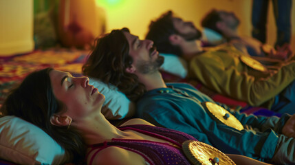 Diverse group participating in a relaxing sound bath session