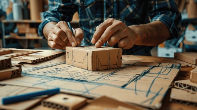 A designer sketching detailed brown craft cardboard packaging box with design elements, Crafting a creative vision