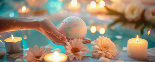 Hand placing a luxury bath bomb in a candlelit bath