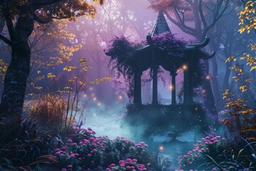 Fototapeta premium Wishing well in enchanted forest with colorful vegetation, purple mist and glowing lights