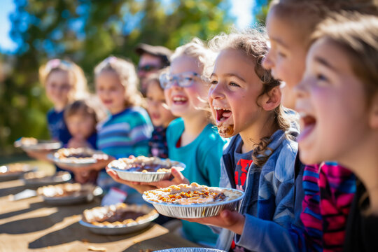 Children enjoying a pie-eating contest at a fall festival