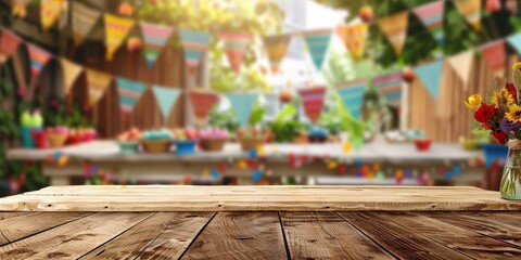 Wooden table at an outdoor Festa Junina, Brazilian Festa Junina decoration