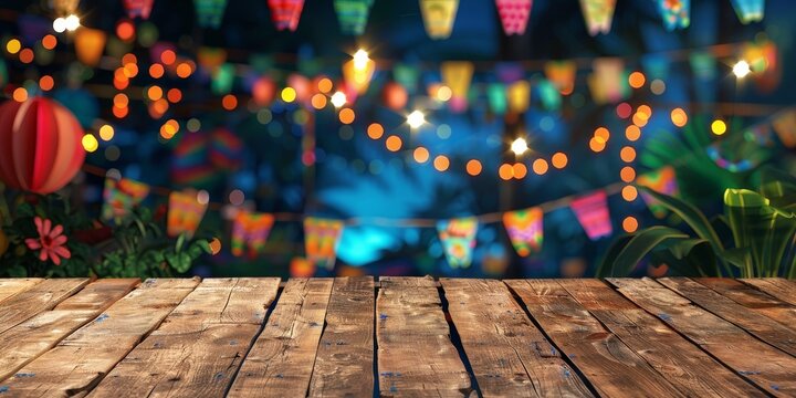 Wooden table at an outdoor Festa Junina, Brazilian Festa Junina decoration