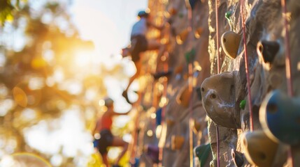 Defocused figures ascending a rock climbing wall in an outdoor fitness activity.
