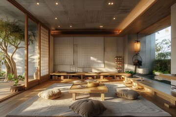 A study room with a tranquil zen design, incorporating natural materials and soft lighting