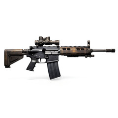 Modern assault rifle on a black background with reflection. Studio shot.