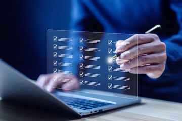 order detail process, task audit in a list of documents,  tick the checkmark in the survey item on a laptop. tick mark evaluation in options check form online, business verify task. checklist concept © VRVIRUS