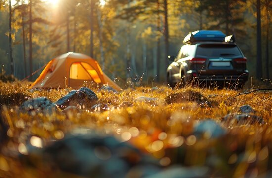 A tent set up in an autumn forest with a car parked nearby