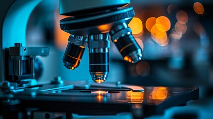 Close-Up of a Modern Microscope in a Laboratory Setting with Bokeh Background Lighting, Showcasing Advanced Scientific Equipment for Research and Analysis in a High-Tech Environment