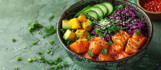 delicious Hawaiian bowl dish with salmon fillet slices, avocado cubes, mango pieces, cucumber strips, and purple cabbage, black rice, sprinkled with white sea salt on top