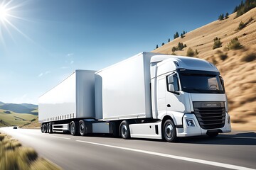  A white cargo truck design with a white blank empty trailer for an ad on a highway road in Europe design. 