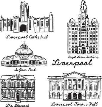 Liverpool tourist attractions vector drawings. Cathedral, Sefton Park, Royal Liver Building, Liverpool Town Hall ink illustration. Old architecture structures sketches. Europe England landmarks.