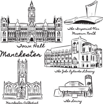Manchester landmarks ink illustrations. Famous tourist attractions isolated vector drawings.England historical and modern spots Town Hall, Cathedral , The Lowry, John Rylands library sketches. 