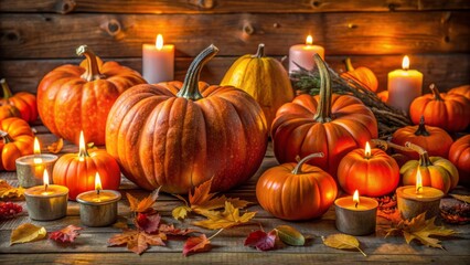 Vibrant orange pumpkins of various sizes and shapes surrounded by fallen autumn leaves and eerie twinkling candles on a rustic wooden table.