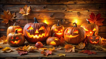 Fototapeta premium Autumnal arrangement of illuminated, intricately carved jack-o'-lanterns on rustic wooden planks, surrounded by fallen leaves, evoking eerie halloween ambiance.