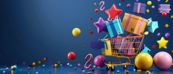 Black Friday sale banner with 3D shopping icons and shiny percentages