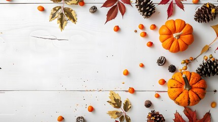 Festive autumn decor from pumpkins, berries and leaves on a white wooden background. Concept of Thanksgiving day or Halloween. Flat lay autumn composition with copy space. 