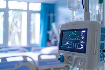 A modern patient monitor displaying vital signs in a hospital room