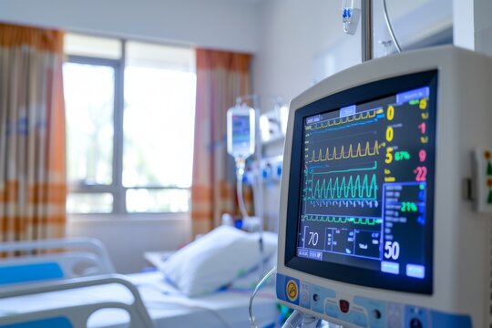 A modern patient monitor displaying vital signs in a hospital room - Powered by Adobe