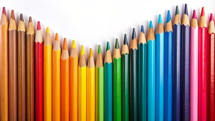 Colorful wooden pencils in various sizes and hues are arranged in a wavy pattern on a white background, evoking a sense of creativity and learning.