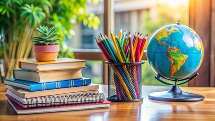 A colorful desk setup with a stack of fresh notebooks, pens, pencils, and a sharpener surrounded by a few textbooks and a small globe.