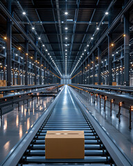 Automated conveyor belt transporting cardboard boxes in a modern warehouse, showcasing efficiency in package handling and logistics