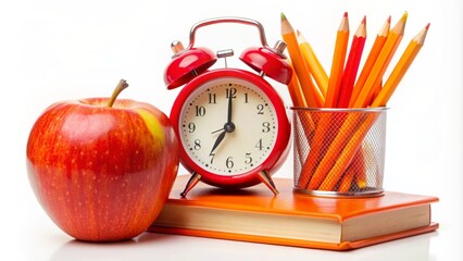 Vibrant orange alarm clock sits beside a juicy red apple and scattered school supplies on a pristine white background, evoking a sense of back to school enthusiasm.
