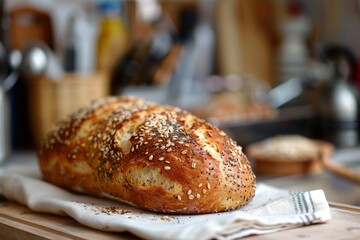 A loaf of freshly baked bread with seeds and grains in a kitchen setting